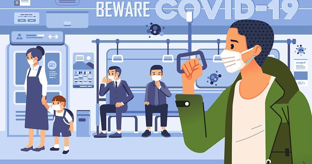 beware to covid 19 vector illustration with people in train as p